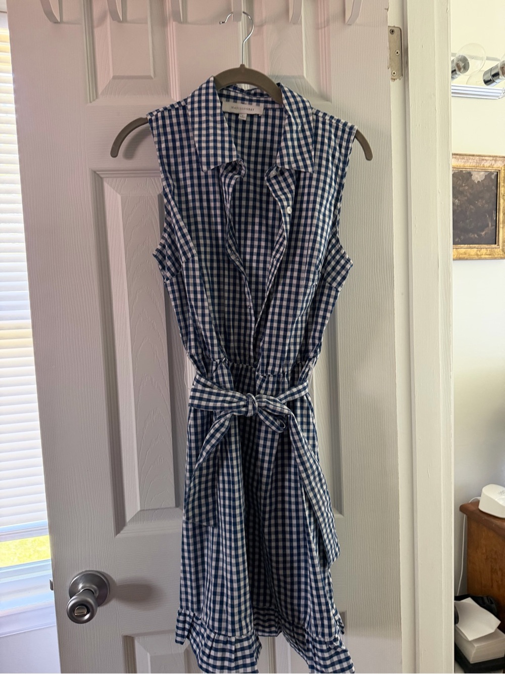 Sleeveless Blue and White Gingham Shirt Dress with Tie Waist